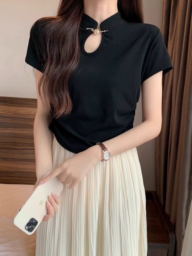 Niche Chinese Style Top T-shirt with Short Sleeves Improved Cheongsam