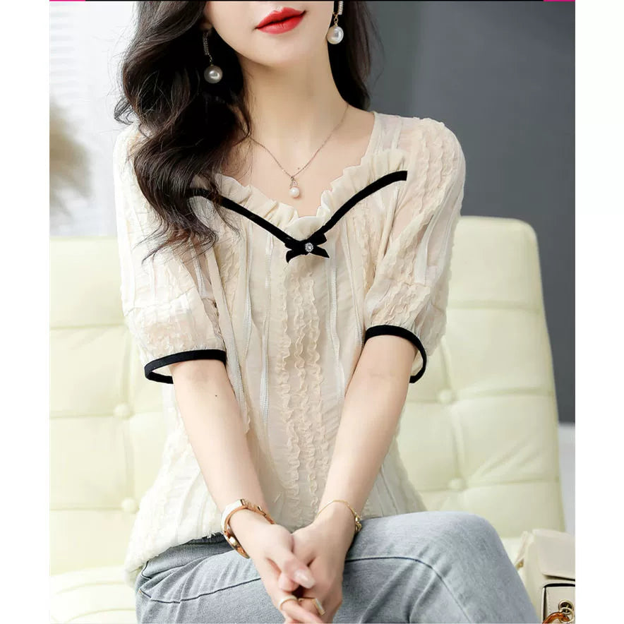 Plus Size 150.00kg Thin Wooden Ear Temperament Shirt Women's Plus Size Ladies Loose Slim Fit Square Collar Younger Short Sleeve T-shirt Top