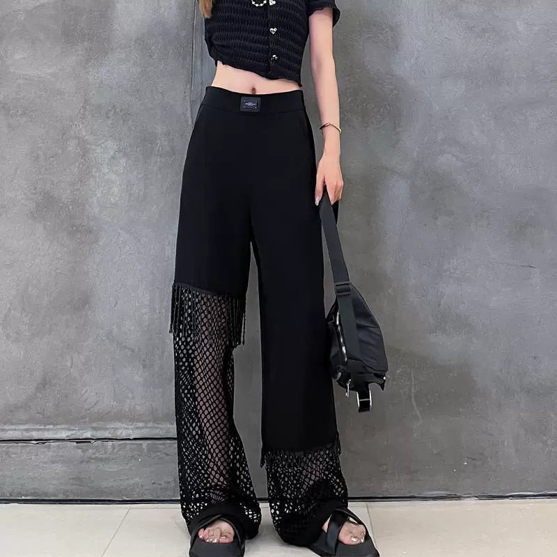 Plus Size 150.00kg Cut Out Mesh Loose Slim Looking Casual Pants Women's Summer Chubby Girl Pants Drooping Straight Wide Leg Pants Ins