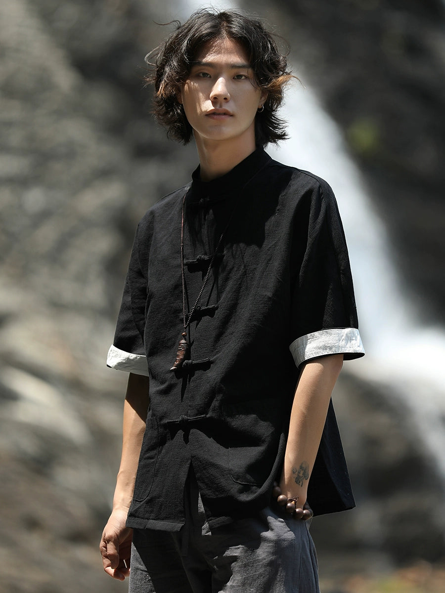 Duolou Youth Short Sleeve Cotton and Linen Chinese Stand Collar Tang Suit