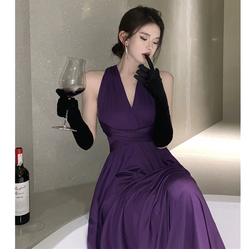 Annual Meeting Dress Banquet Women's Elegant Cross Bare Back Sexy Halter Dress Fancy Seaside Vacation Summer