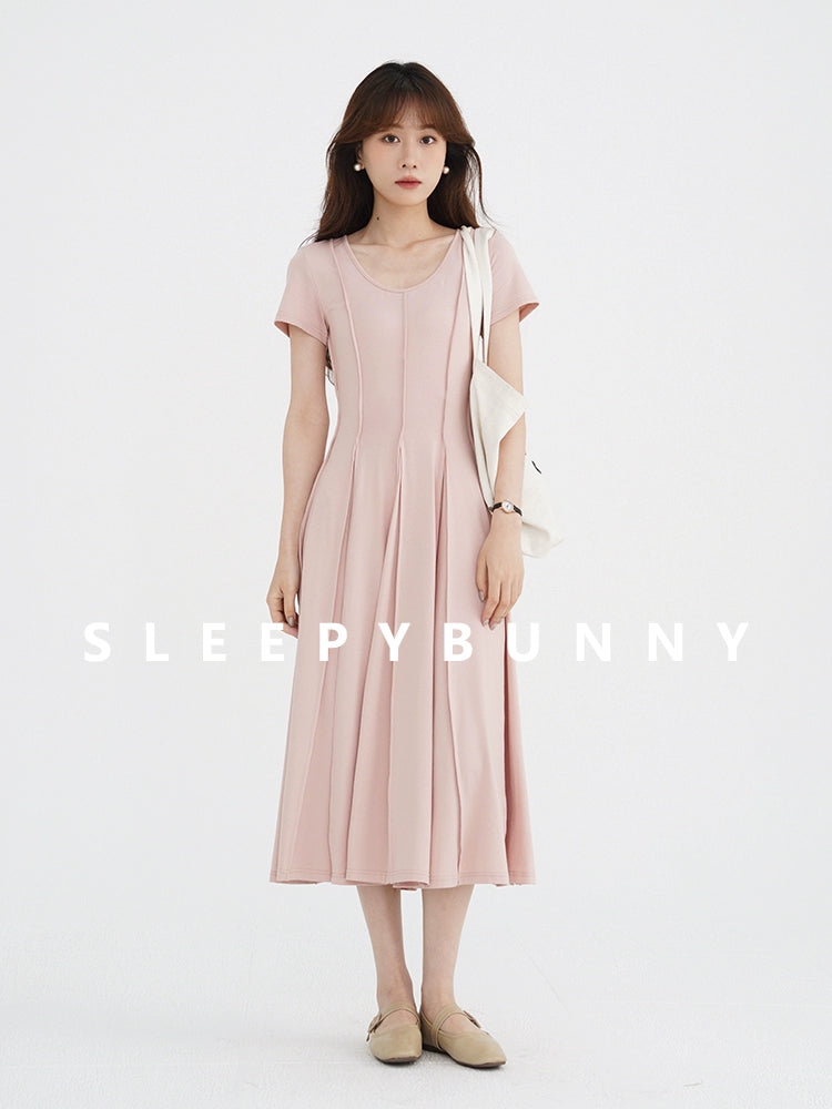 Sleepy Bunny 16 Pieces Patchwork Three-Dimensional Pink Slim-Fit Long Dress