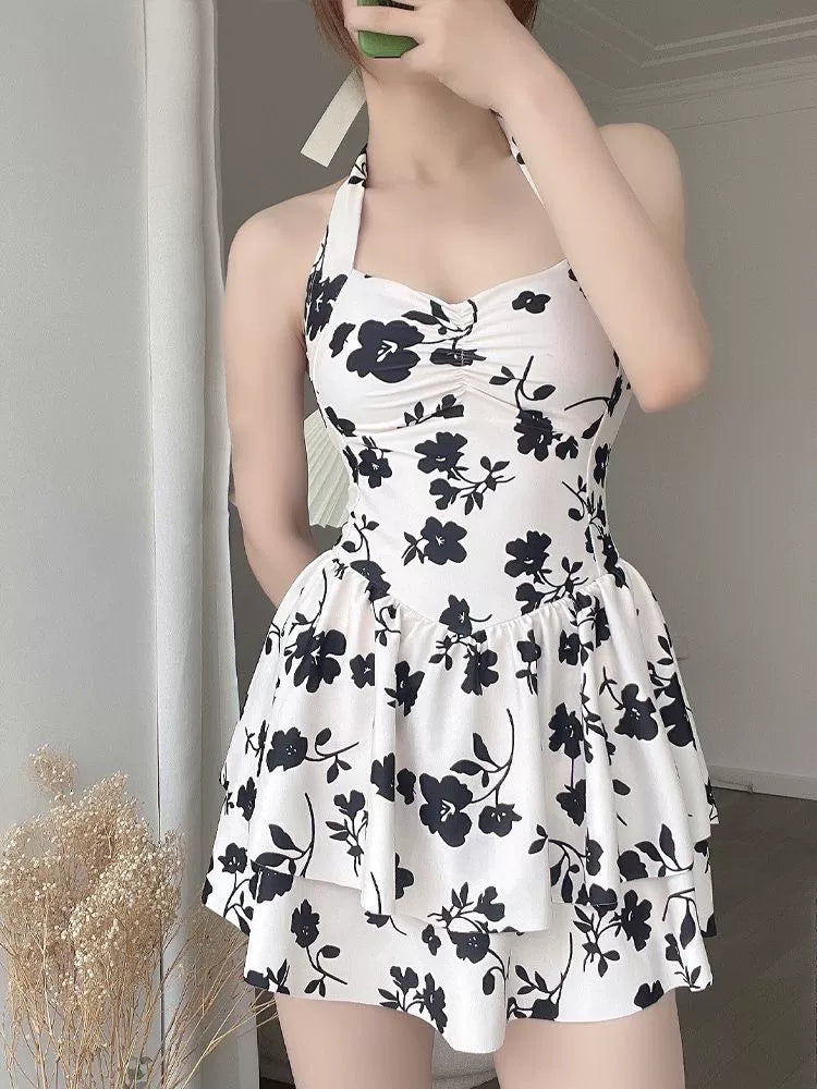 Plus Size 150.00kg Summer Cover Belly Siamese Swimsuit Women's Plus Size Ladies Halterneck Lace-up Pure Desire Wind Young Adult Milk Fragrance Hot Spring Skirt