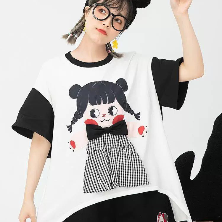Plus Size 150.00kg Plus Size Ladies Preppy Style Retro Loose and Cute Three-Dimensional Cartoon Style White Short Sleeve Student T-shirt Female