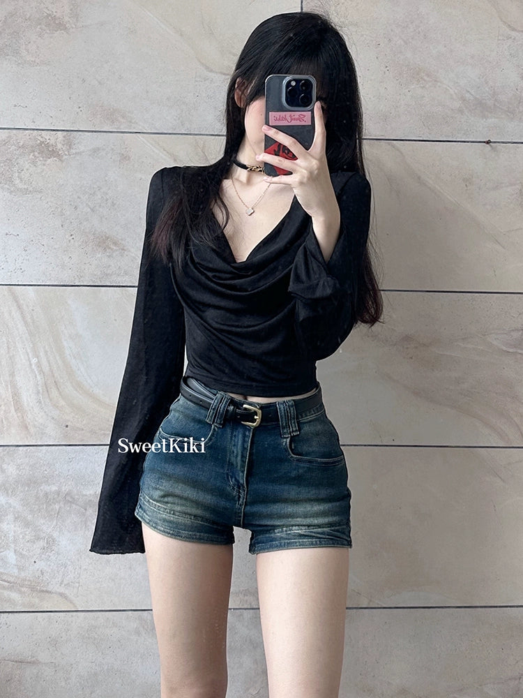 Distressed Retro Jeans Women clothes Summer Clothing American Gyaru Hot Pants Wide Leg Super Short Shorts High Waist Straight A Word Pants