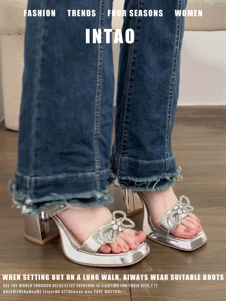 Silver Fairy Style Summer Rhinestone Two-Way Wear Chunky Heel Slippers