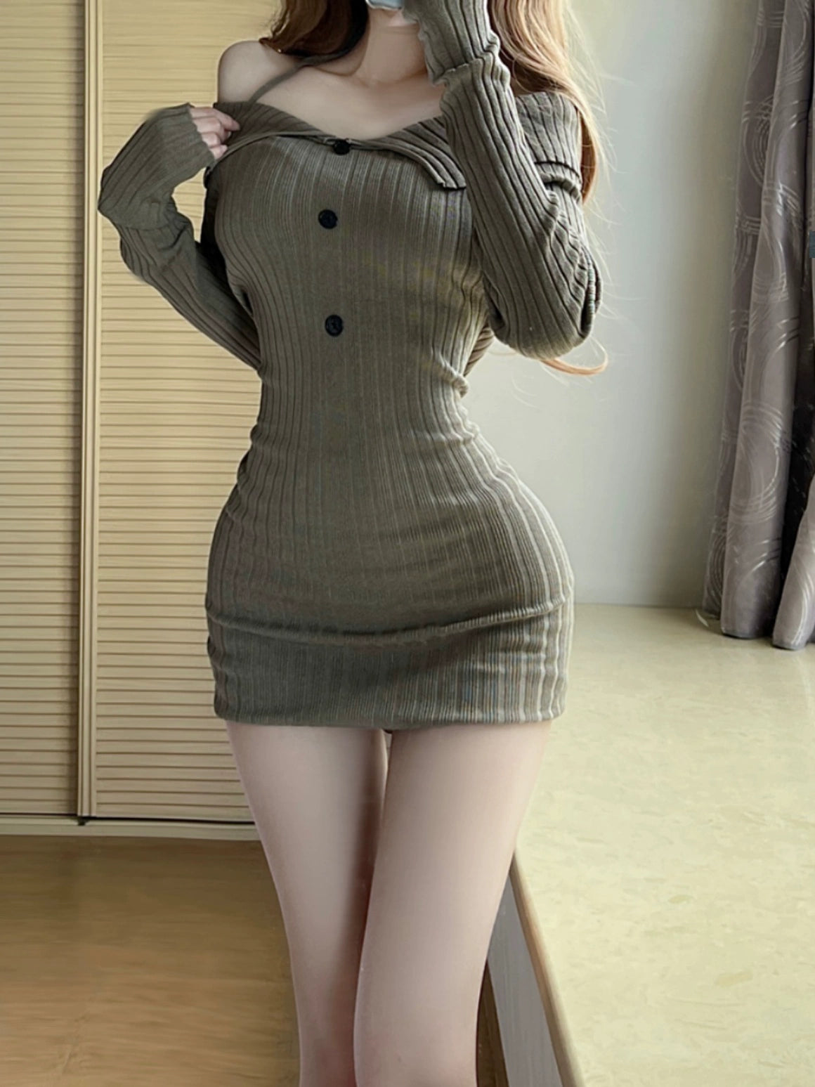 Sexy Dress Women Autumn New Long Sleeve Bodycon Dress Slimming Knitted Tight off Shoulder Fashion Party Little Dress