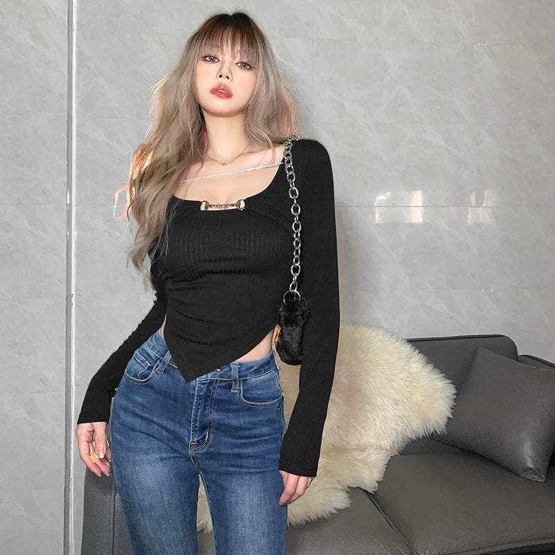 Distressed Top Chain Stitching Long Sleeve T-shirt Fake Two-Piece