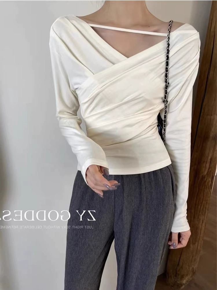 Oblique Shoulder Fancy Abdomen-Control Black Upper Clothes Long Sleeves T-shirt