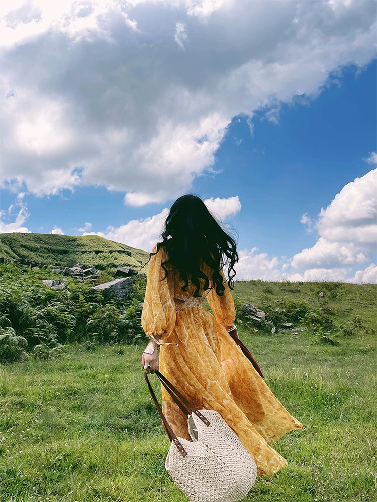 Yellow Midriff Outfit V-neck Vacation Style Chiffon Dress