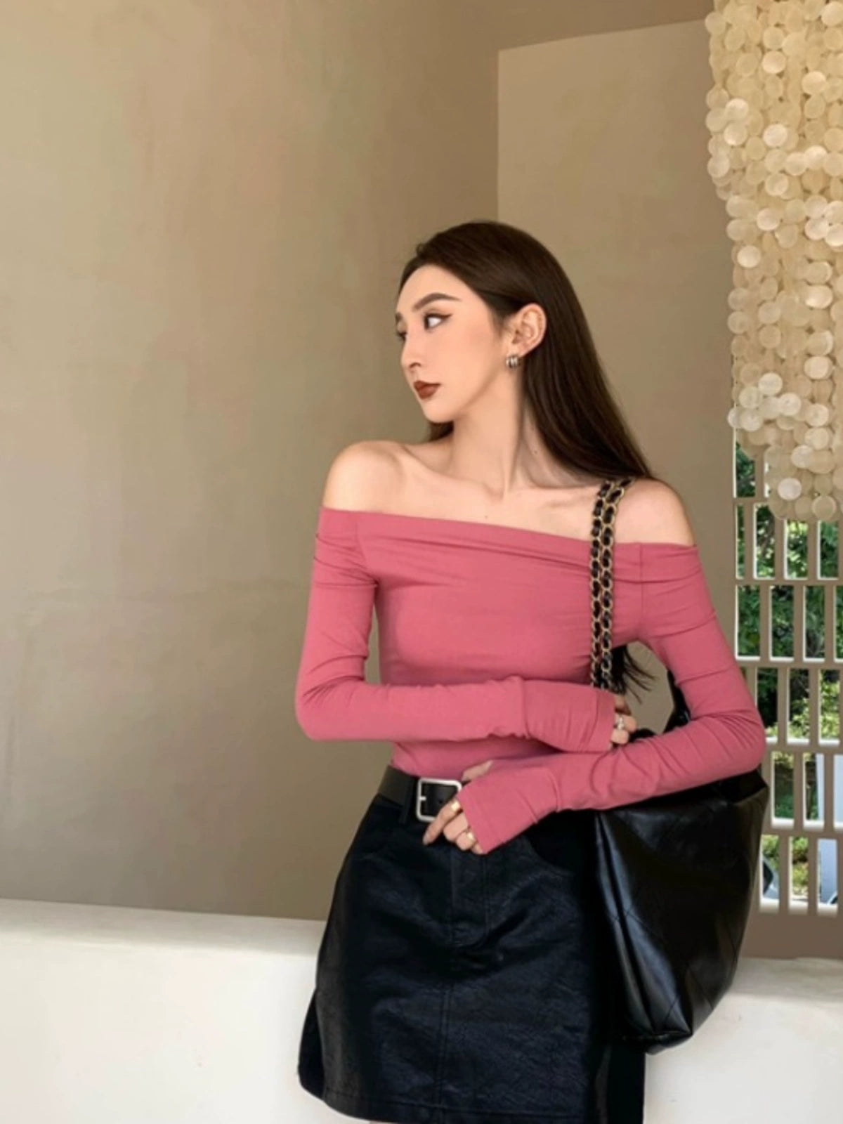 off-Shoulder Outer Wear Inner Wear Western Style Youthful-Looking Chic T-shirt