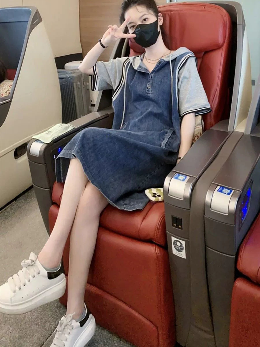 Loose plus Size 150.00kg Stylish Casual Hooded Fake Two Pieces Denim Dress Plus Size Ladies Younger Pullover Skirt 240