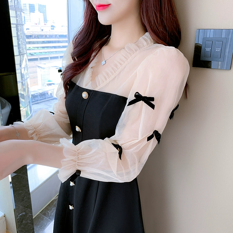 Long Sleeve Women's Early Autumn Slim Looking Elegant Little Black Dress Mesh