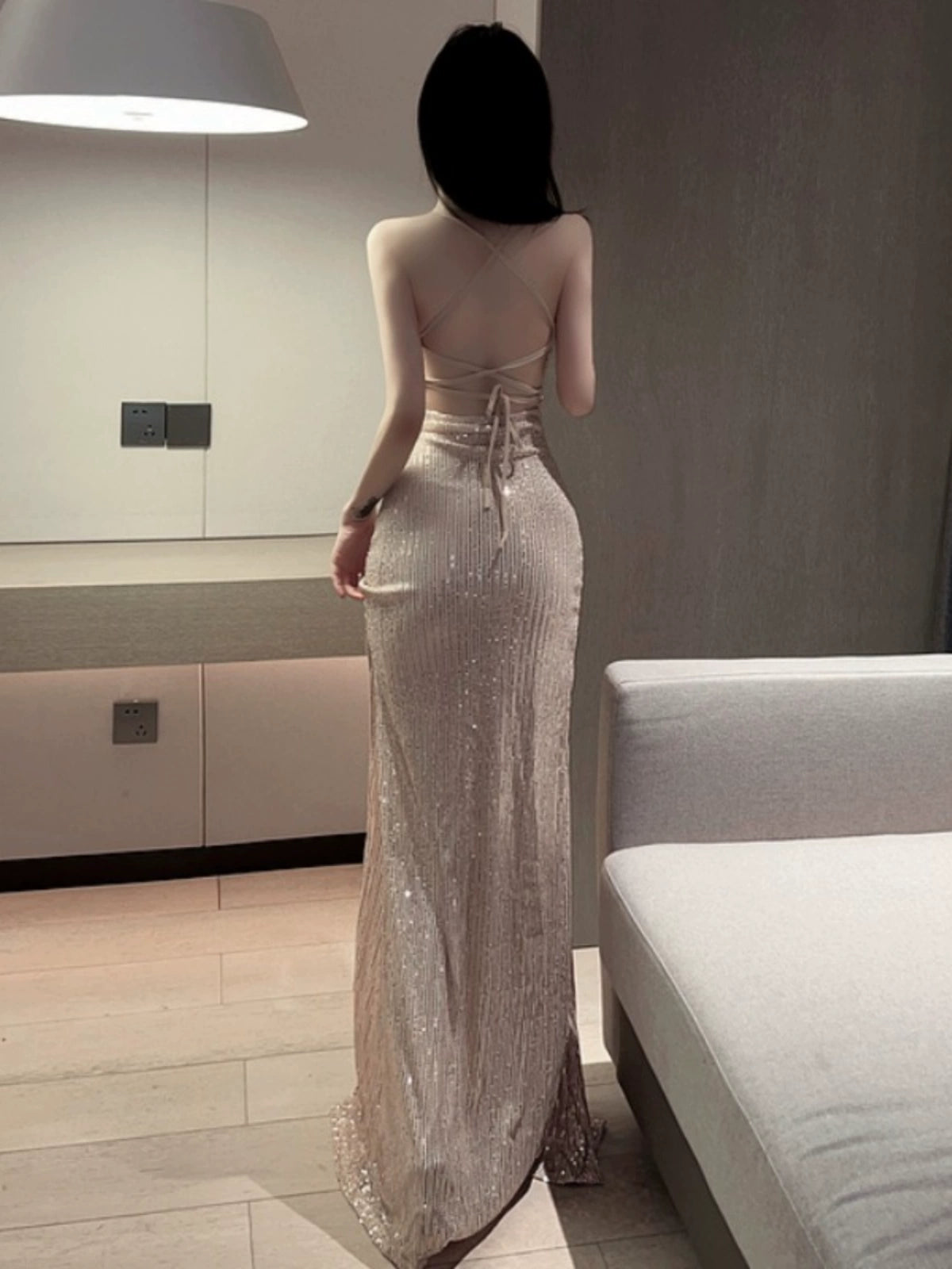 Internet Celebrity Socialite Style Banquet Backless Dress Sequins