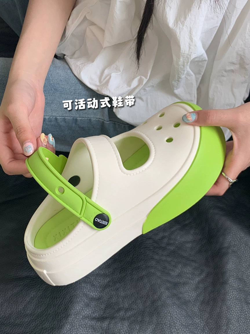Thin Mesh Red Fashion Colorblock Mary Jane Hole Shoes Women's Summer Casual Versatile Two-Way Closed Toe Sandals