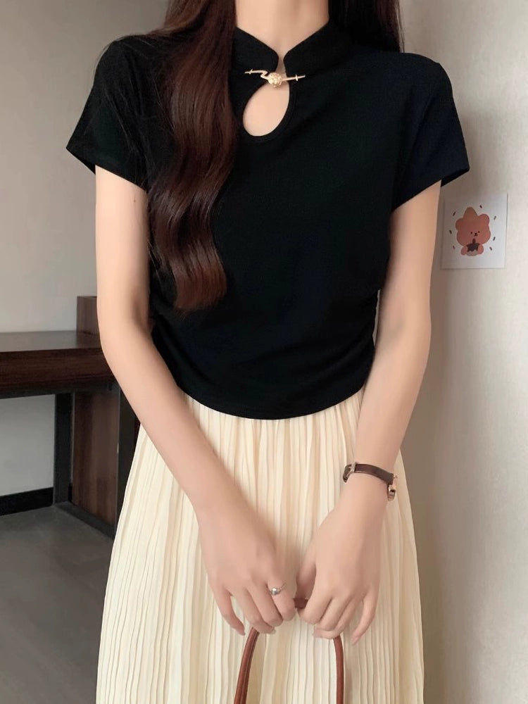Niche Chinese Style Top T-shirt with Short Sleeves Improved Cheongsam