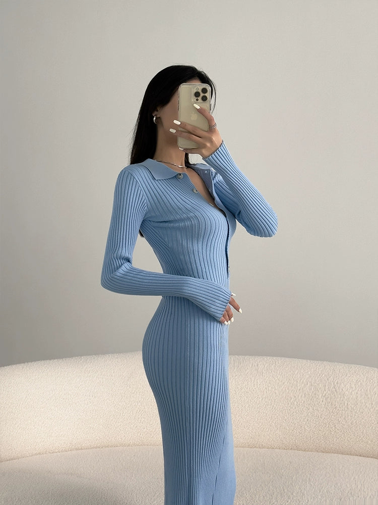 Spring and Autumn French Sexy Sexy Knitted Dress Slimming and Tight Slim Fit Sweater Adult Lady like Woman Hip V Neck Long Dress