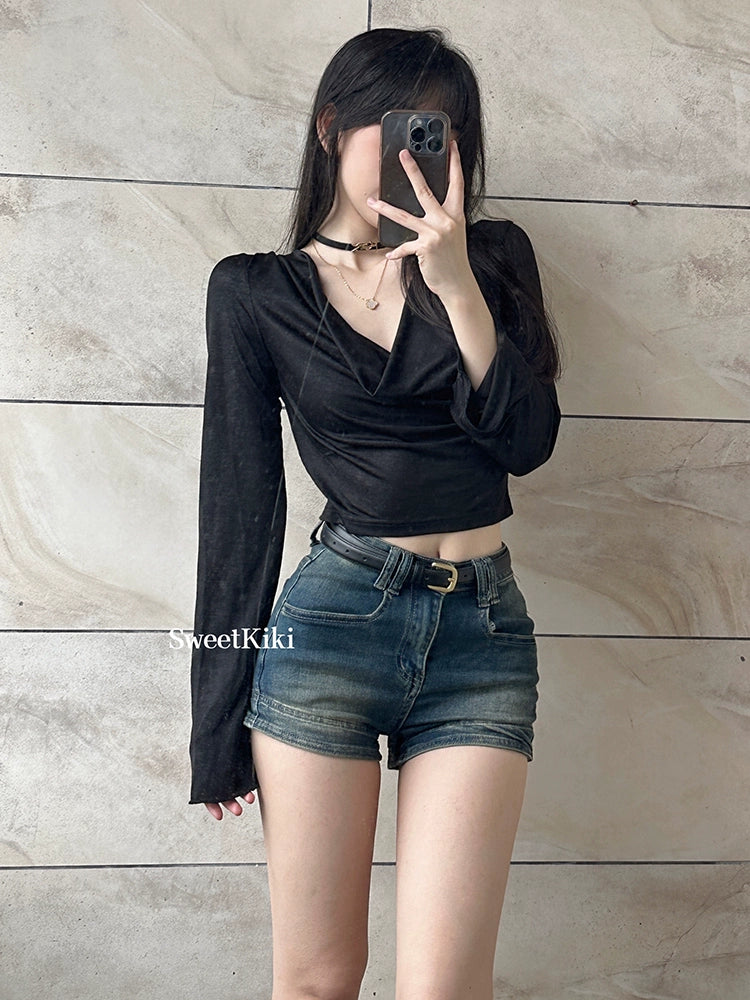 Distressed Retro Jeans Women clothes Summer Clothing American Gyaru Hot Pants Wide Leg Super Short Shorts High Waist Straight A Word Pants