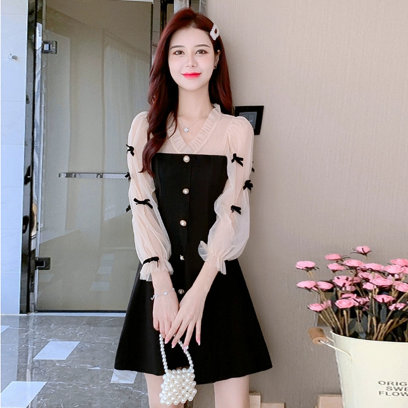 Long Sleeve Women's Early Autumn Slim Looking Elegant Little Black Dress Mesh