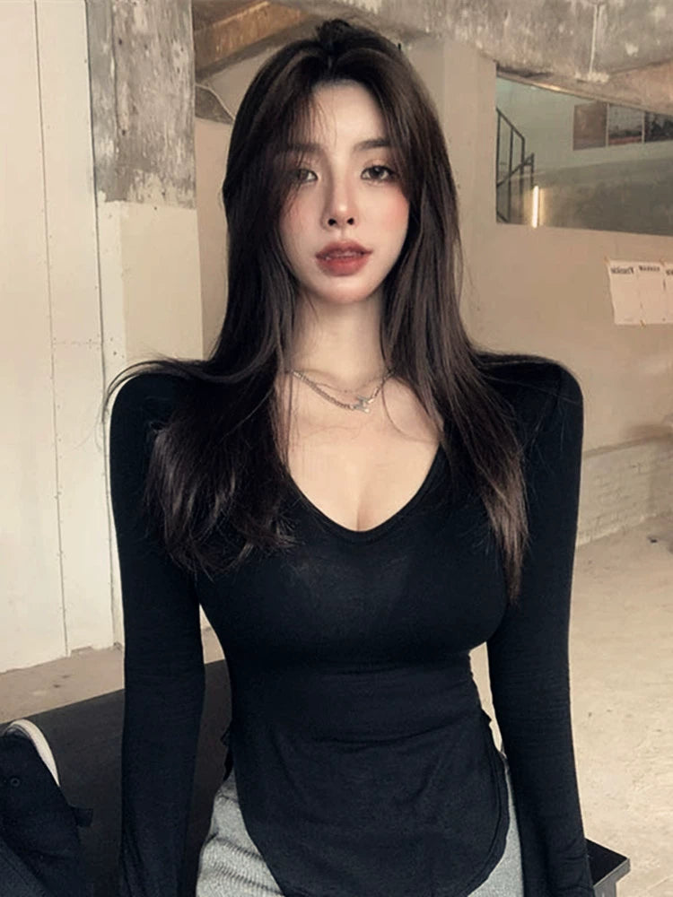 V Neck Spring and Autumn Thin Slim Fit Upper Clothes Long Sleeves T-shirt