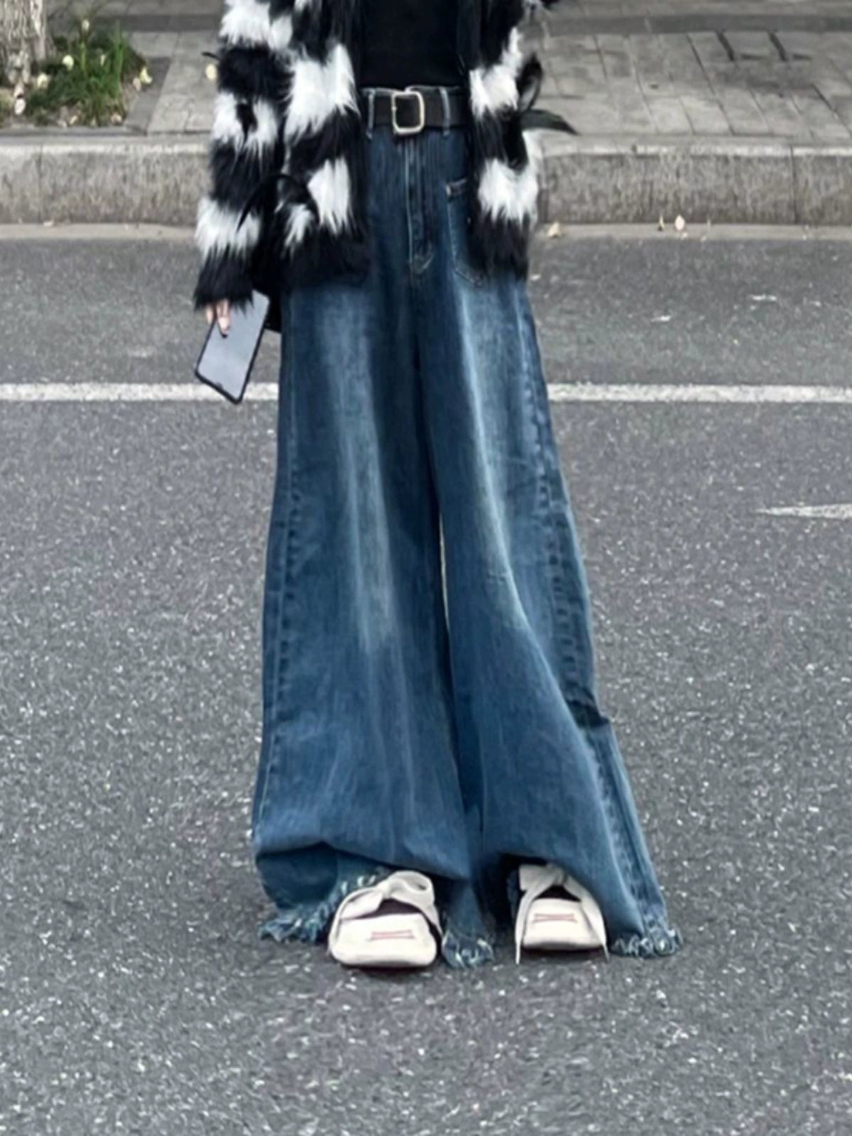 American Autumn Fringed Burr Drape Mop Jeans