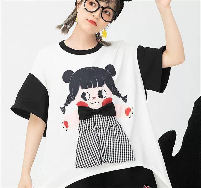 Plus Size 150.00kg Plus Size Ladies Preppy Style Retro Loose and Cute Three-Dimensional Cartoon Style White Short Sleeve Student T-shirt Female