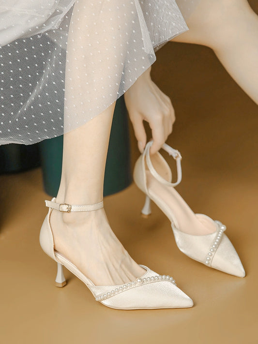 Creamy-white Flats Bridesmaid Small Heel Hollow Closed Toe Sandals
