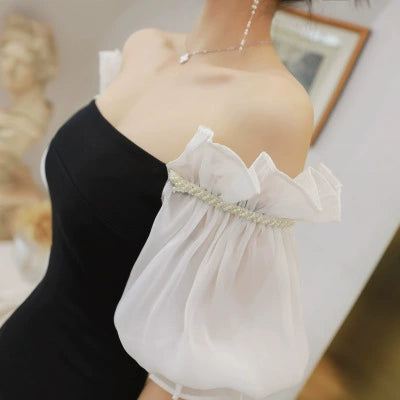 Sexy Goddess-Style Lantern Sleeve off-Shoulder Dinner Formal Dress Spring and Summer Socialite Elegant Sheath Long Dress