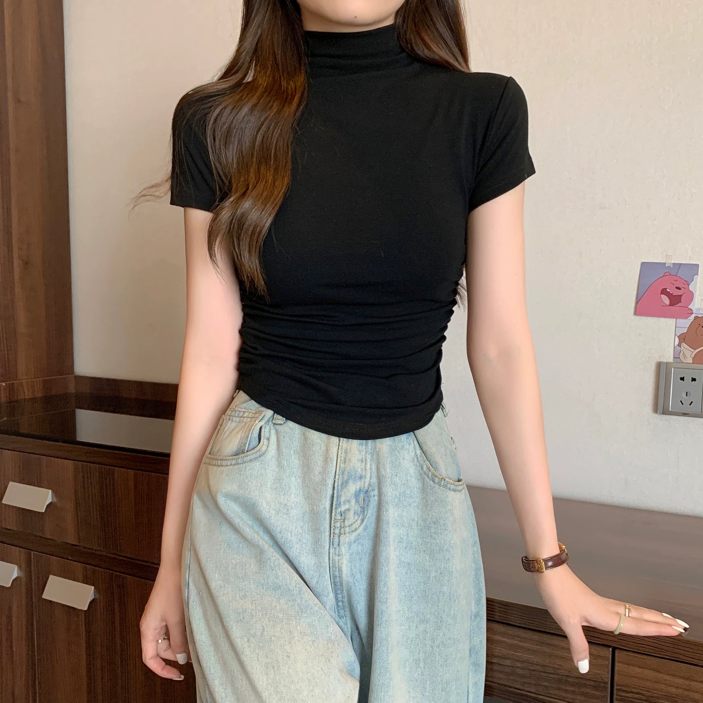 Chubby Plus size Shoulder Short sleeve T-shirt Women Spring Half-high Collar Inner wear Bottoming Shirt Gyaru Slim fit Slimming Top