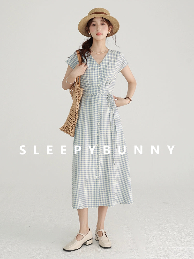 Sleepy Bunny Gingham Japanese-Style Retro Blue Dress