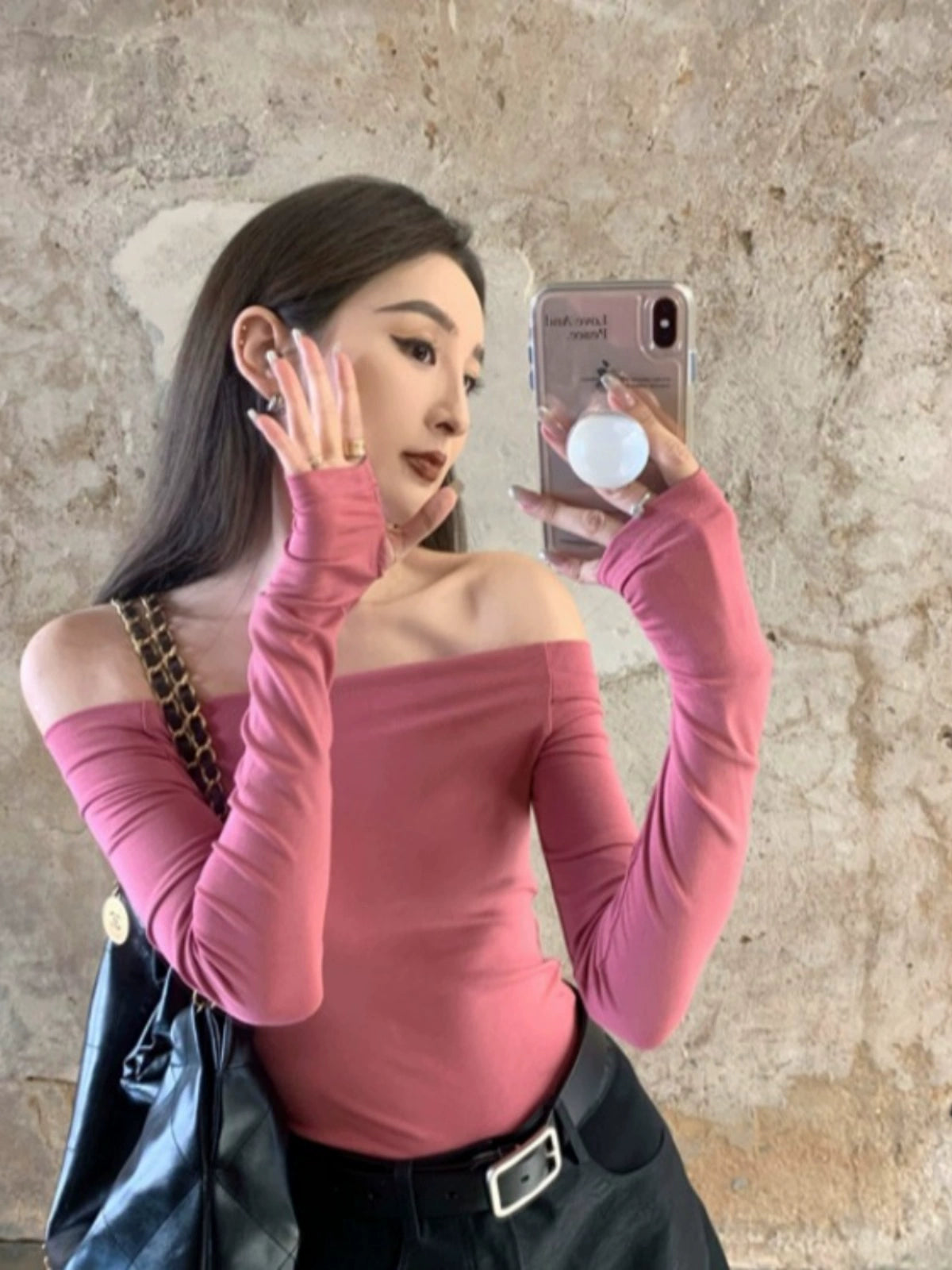 off-Shoulder Outer Wear Inner Wear Western Style Youthful-Looking Chic T-shirt