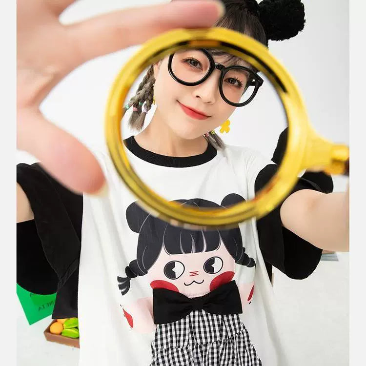 Plus Size 150.00kg Plus Size Ladies Preppy Style Retro Loose and Cute Three-Dimensional Cartoon Style White Short Sleeve Student T-shirt Female