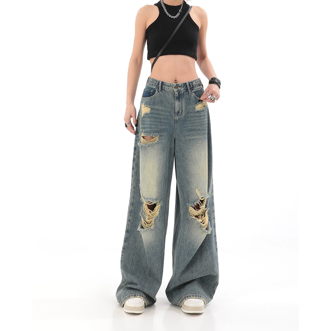 Retro Washed Make Old Ripped Denim Female Summer Fashion Brand Ins High Waist Loose Straight Wide Leg Mop Pants