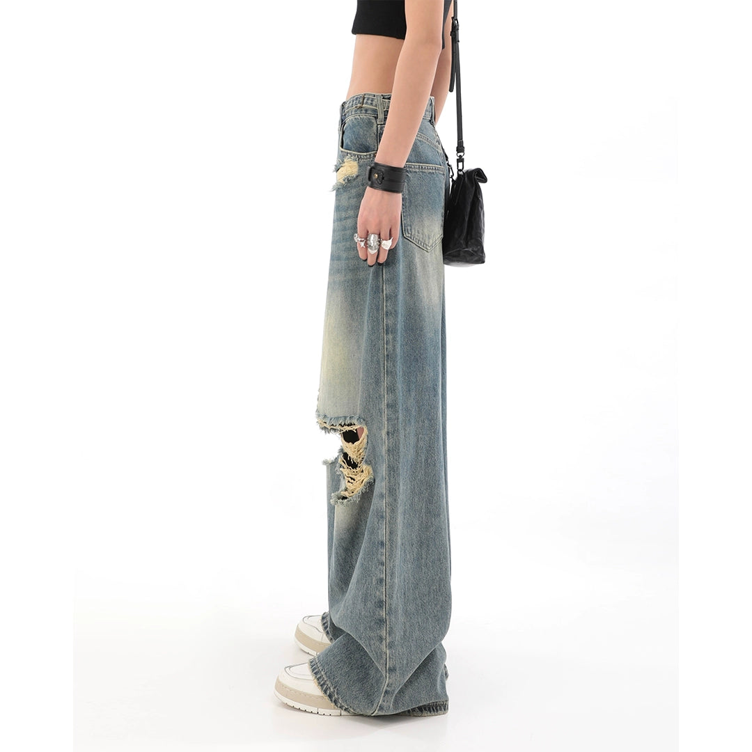 Retro Washed Make Old Ripped Denim Female Summer Fashion Brand Ins High Waist Loose Straight Wide Leg Mop Pants