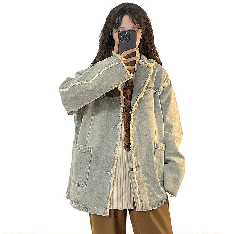 American Fashion Brand Frayed Hem Denim Jacket Women's Spring and Autumn Retro Distressed Loose Slim Looking Lapel Parka Jacket Top