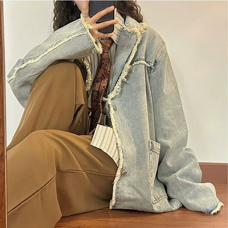 American Fashion Brand Frayed Hem Denim Jacket Women's Spring and Autumn Retro Distressed Loose Slim Looking Lapel Parka Jacket Top