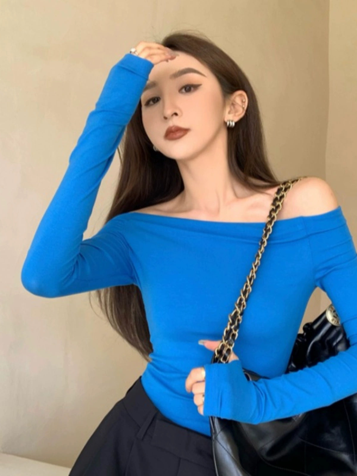 off-Shoulder Outer Wear Inner Wear Western Style Youthful-Looking Chic T-shirt