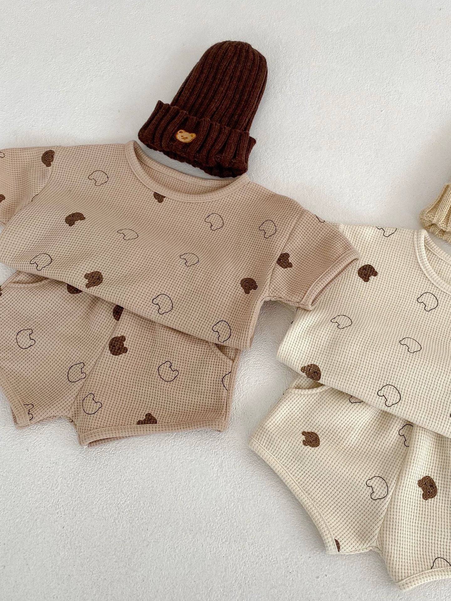 New Male and Female Baby Waffle Bear Suit Summer Infant Casual and Comfortable Short sleeve Shorts Two-piece Set Summer