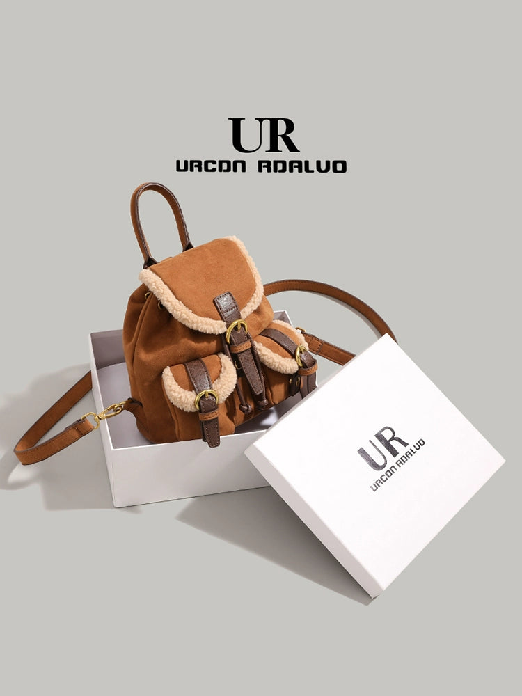 Ur Fancy Lamb Wool Backpack Female 2023 New Arrival Winter Frosted Backpack Student Class Schoolbag Bucket Bag