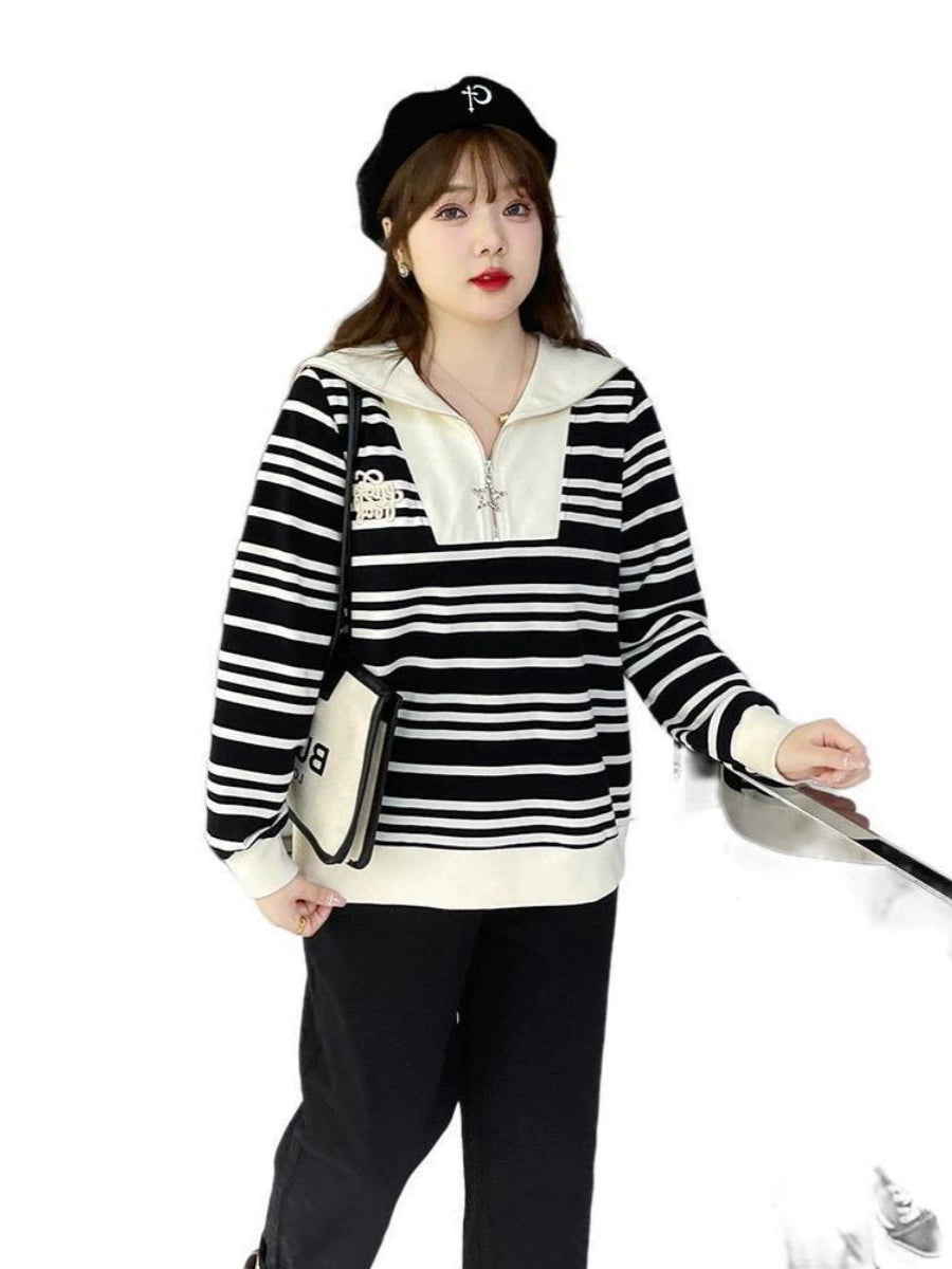 Extra Large Size 150.00kg Plus Size Ladies Embroidered Striped Sweater Coat Autumn Loose Special-Interest Design All-Matching Fat Hiding Top