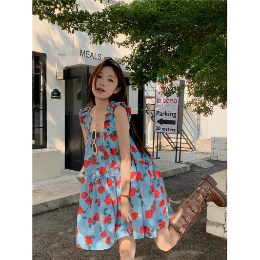 Vacation Style Wooden Ear Floral Dress Women's Spring 2024 New Arrival A- line Loose Square Collar Western Style Suspender Skirt