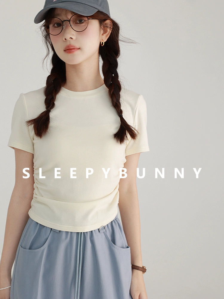 Sleepy Bunny round Neck Short sleeve T-shirt Women's Spring Small Sweet Temperament Casual Simplicity Waist Hugging Slim fit Short Top