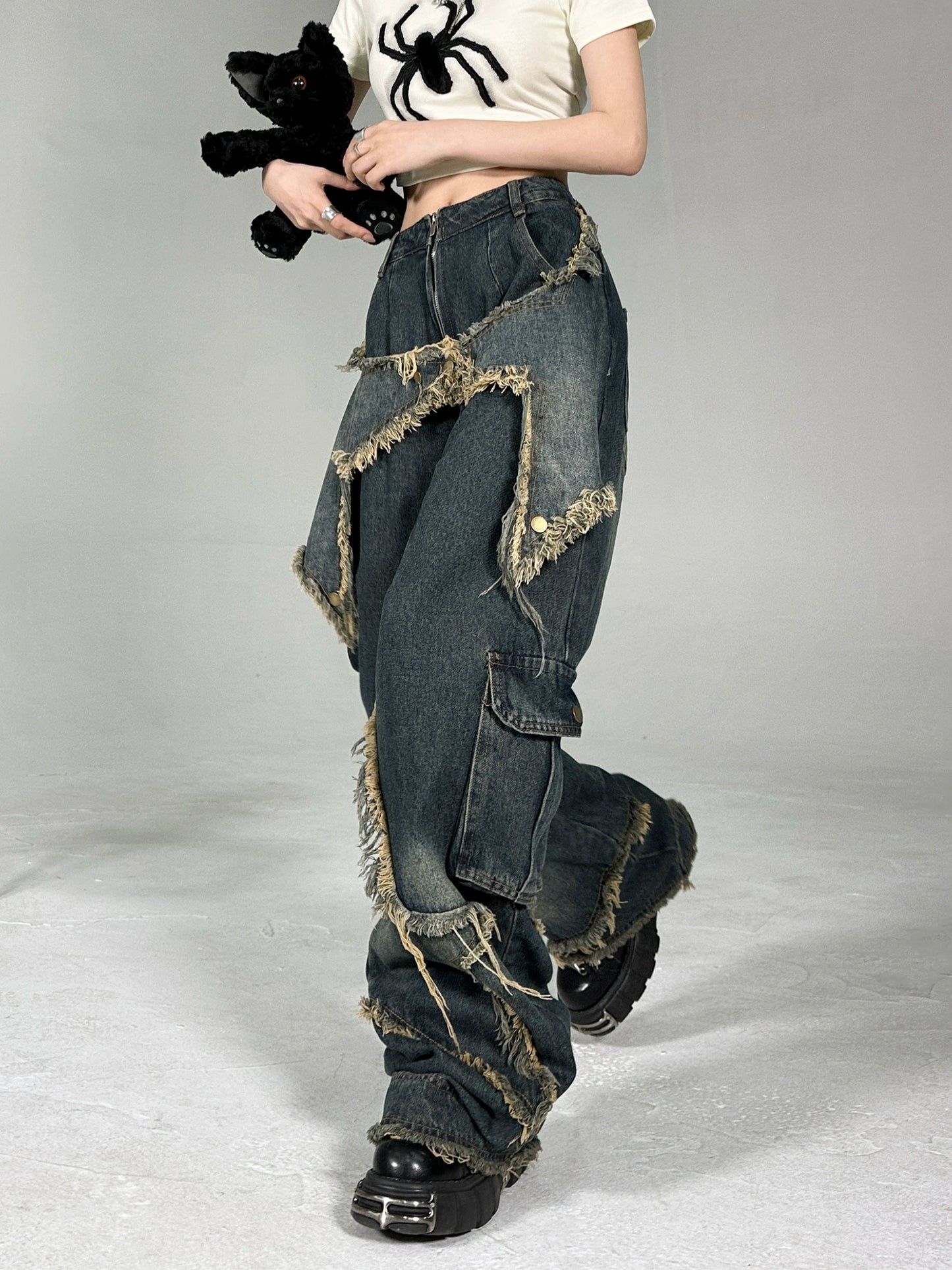 H Gang X Niche Retro Design Wide Leg Jeans Women XINGX Sanding Washed Distressed High Street Pants