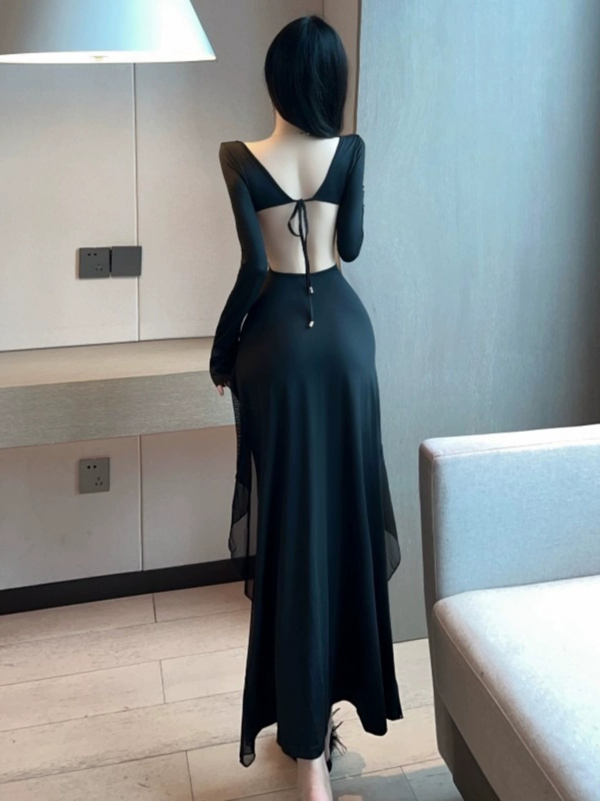 Gegejia Internet Famous Sexy Sexy Ruffles Split Dress V Neck Low Cut Cut Out Long Sleeves Dress Women's Dress