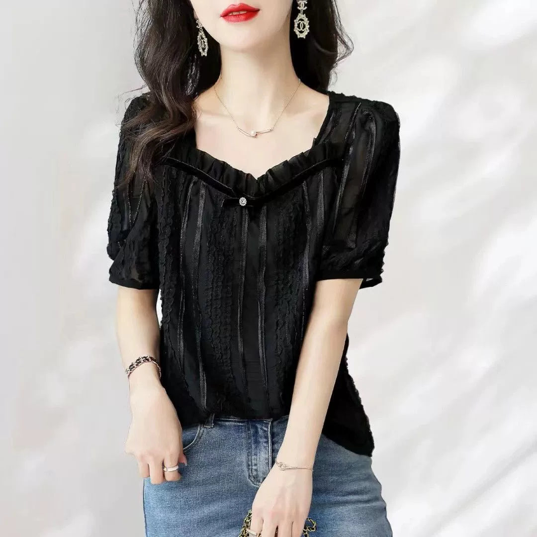 Plus Size 150.00kg Thin Wooden Ear Temperament Shirt Women's Plus Size Ladies Loose Slim Fit Square Collar Younger Short Sleeve T-shirt Top