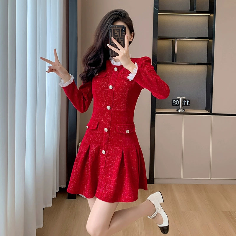 Autumn and Winter Black Gold Chanel Style Long Sleeve Dress