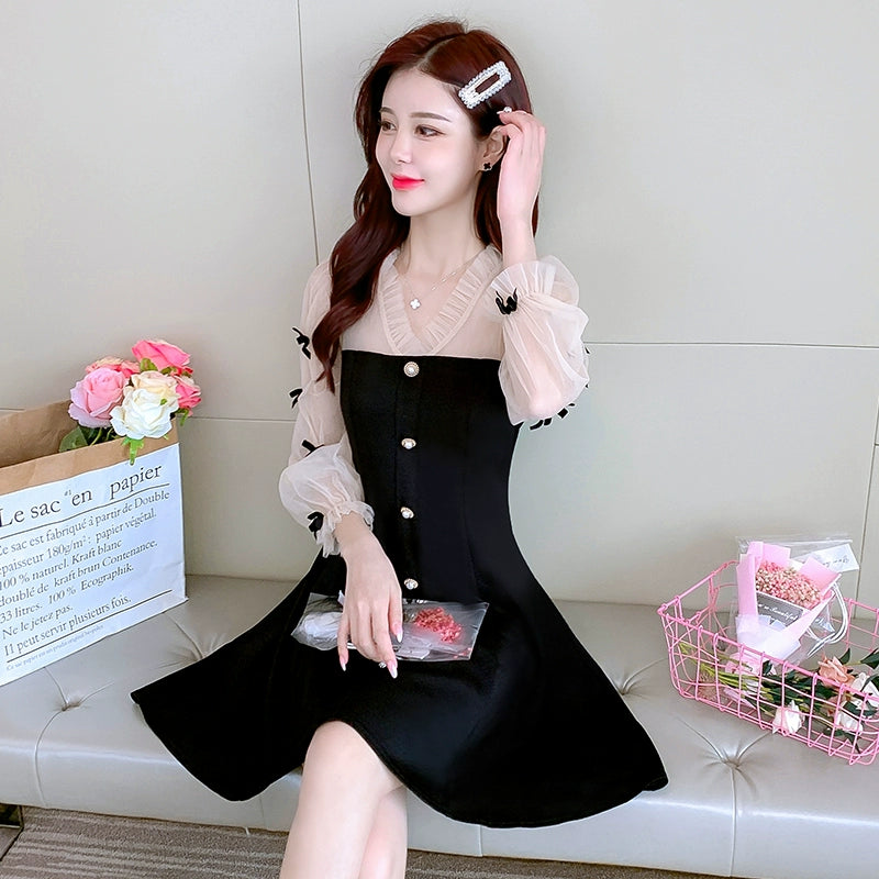Long Sleeve Women's Early Autumn Slim Looking Elegant Little Black Dress Mesh