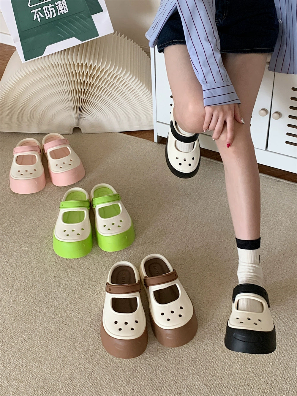 Thin Mesh Red Fashion Colorblock Mary Jane Hole Shoes Women's Summer Casual Versatile Two-Way Closed Toe Sandals