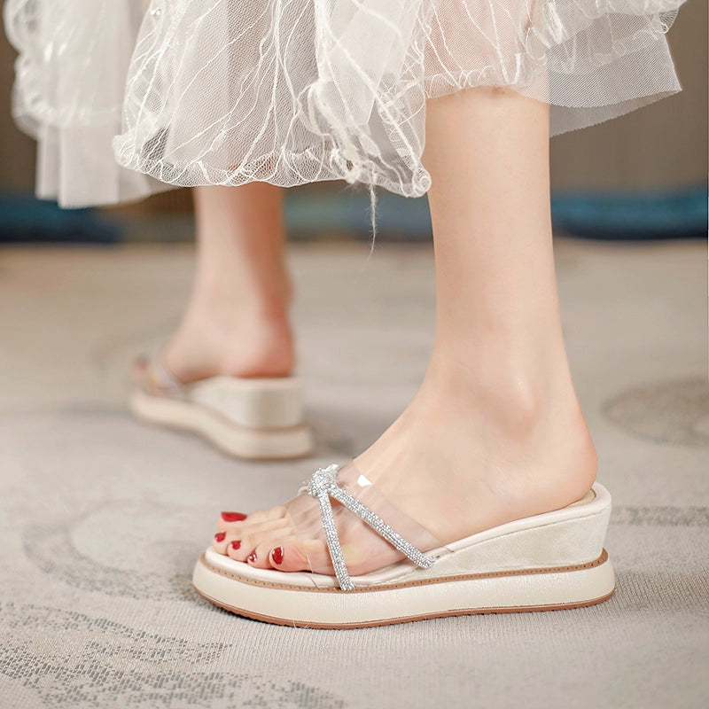 Women's Wedge Sandals Thick Sole Platform Shoes Roman Rhinestones