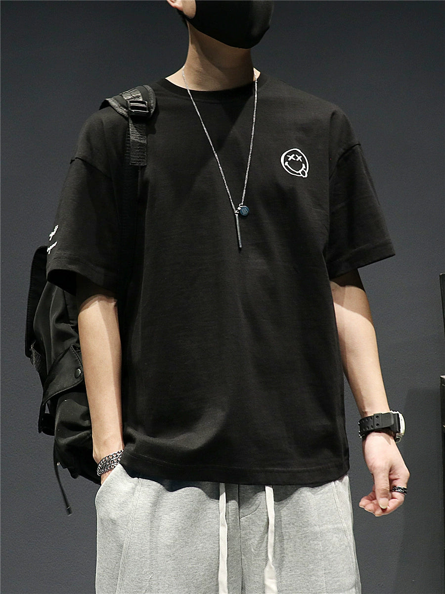 Fashion-Black Short Sleeve Large Size Cotton T-shirt Embroidery